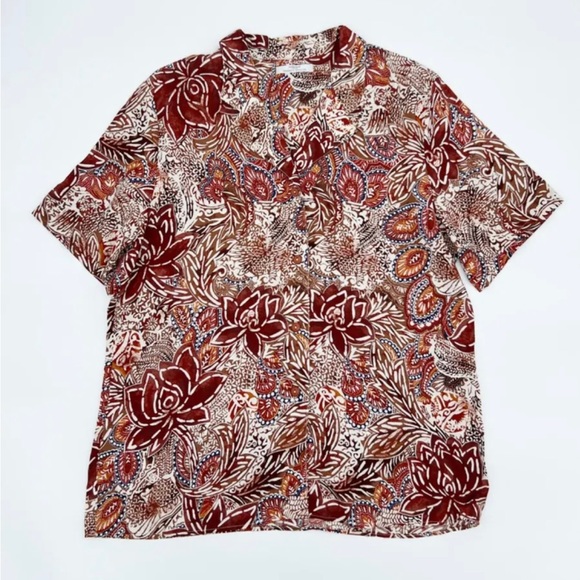 St Micheal Tops - Vintage St Michael Brown & Red Paisley Print Short Sleeve Boxy Shirt UK 16